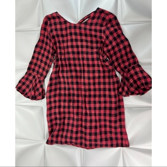 Cloth & Stone Sz S Red Black Buffalo Plaid Checkered Tunic Dress Bell Sleeve - Picture 5 of 13